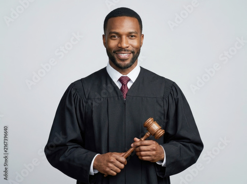 Male judge in black robe holding wooden gavel in studio