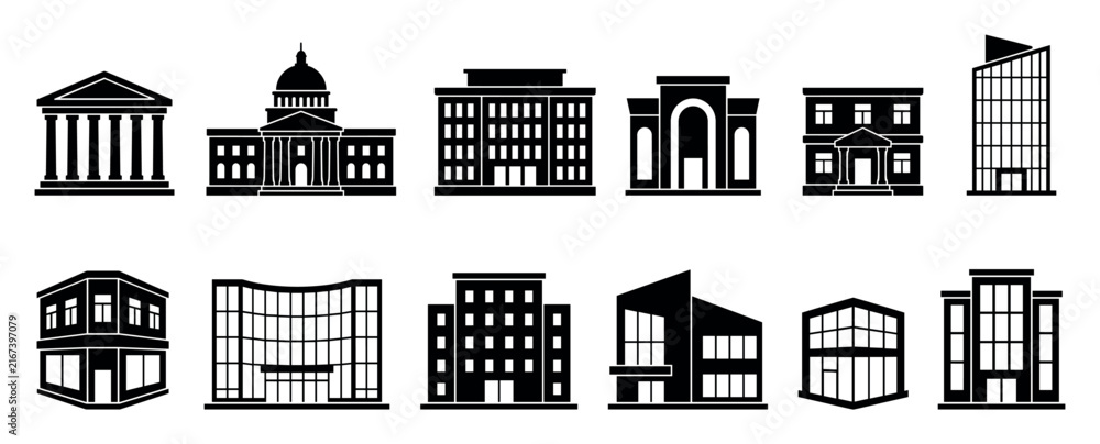 Fototapeta premium Set of black building icons showcasing various architectural styles from classical government structures to modern office skyscrapers in a flat vector silhouette design collection