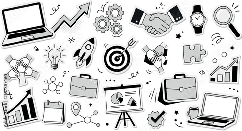 Business startup strategy and corporate partnership planning sticker element set outline vectorBusiness startup strategy and corporate partnership planning sticker element set outline vector