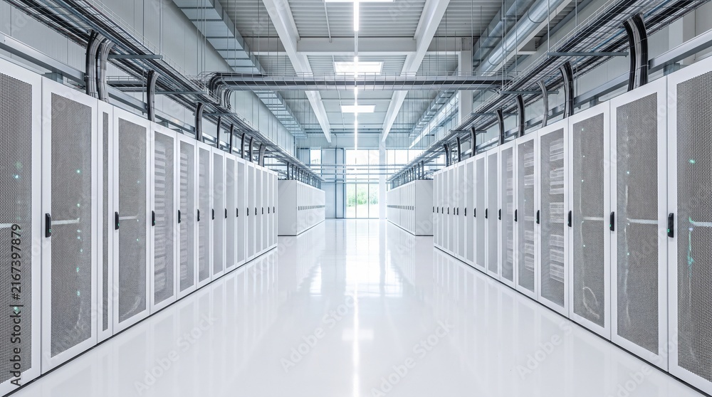 Obraz premium Data Hall Interior Aisle Between Perforated Door Racks Leading to a Glass Wall With Greenery in an Airy White Facility