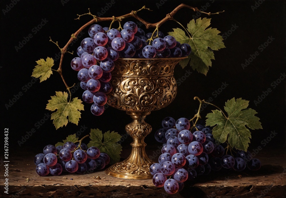 Naklejka premium Still Life Painting of Grapes and Golden Chalice on Dark Background