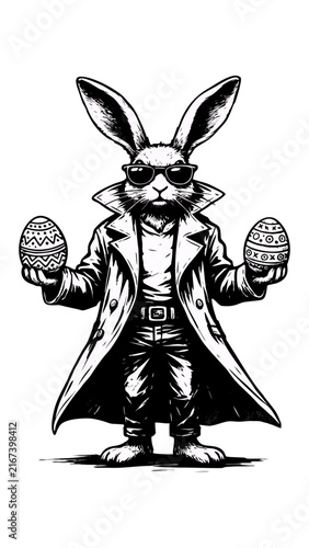 A black and white woodcut-style illustration of a anthropomorphic rabbit dressed in a long trench coat, sunglasses, and a belt, holding two decorated Easter eggs in each hand