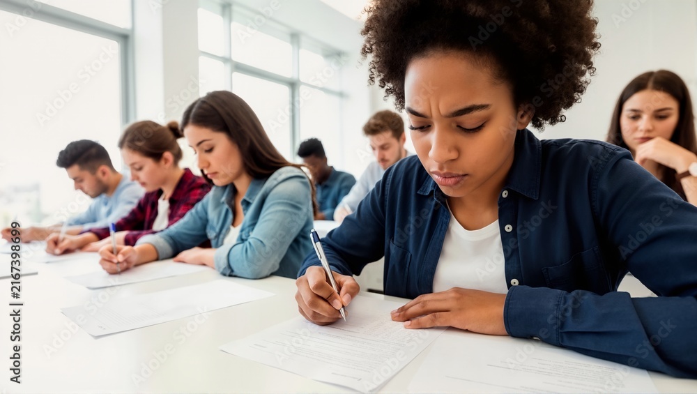 Fototapeta premium Young African American female student concentrating on writing exam in university classroom. Diverse group of students taking final test. Higher education and academic pressure
