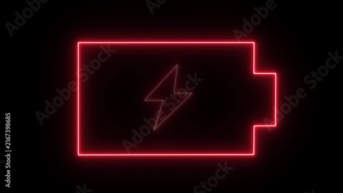 Red neon battery symbol with lightning bolt indicating charging, isolated on black background, electric power concept, modern technology graphic.