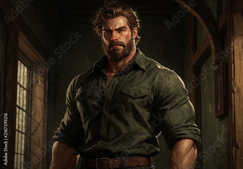Rugged Bearded Man in Dark Shirt Standing in Dimly Lit Interior
