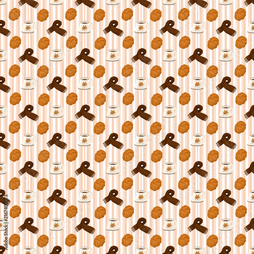 seamless pattern about autumn season include pumpkin, scarf, and mug
