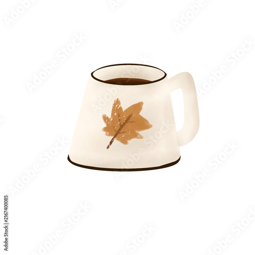 Mug fill of coffee with maple illustration in front of mug 