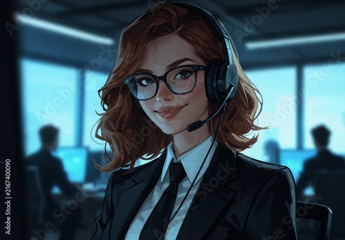 Smiling Female Customer Service Representative Wearing Headset in Office