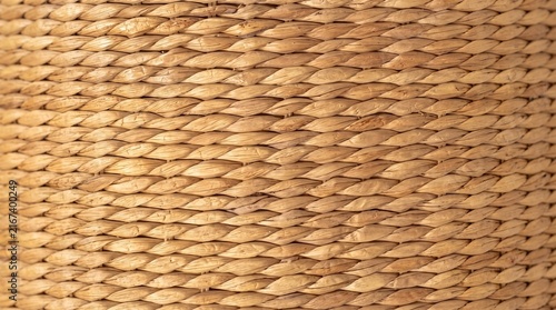 Horizontal close-up photo of a natural water hyacinth woven basket texture background, organic straw braid pattern
