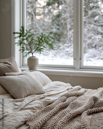 Cozy bedroom interior with linen bed linens and winter forest window view