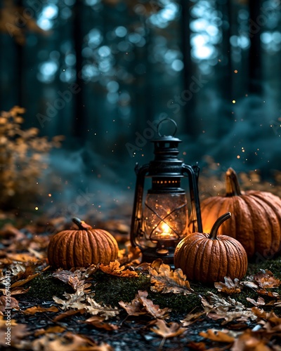 Lantern and pumpkins glow in autumn forest with mystical blue light vibes
