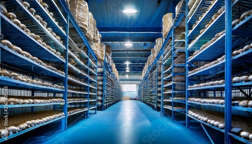 rows of cultivated mushrooms growing densely on blue metal shelving units inside a controlled agricultural facility