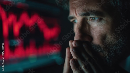Worried male stock trader holding hands to face while looking at declining red graph screen in dark office