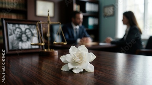 Wrongful death accident claim and legal grief depicted by a white flower on a wooden table with blurred scales of justice and a family photo.