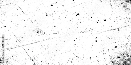 Distressed grunge texture with black ink splatters, scratches, and halftone dots on a white background