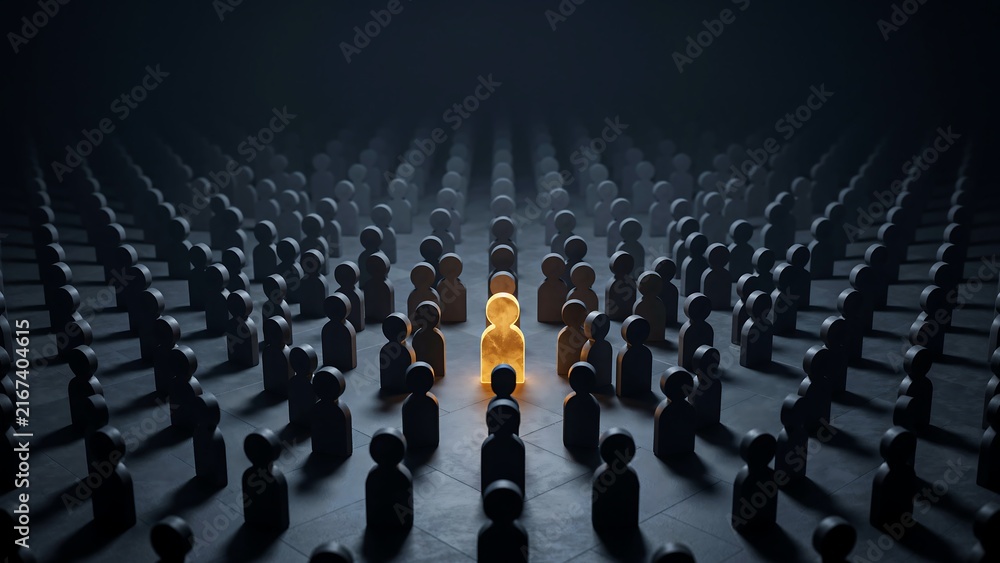 Obraz premium Glowing unique figure standing out from a dark crowd, leadership and individuality concept, glowing person among dark silhouettes