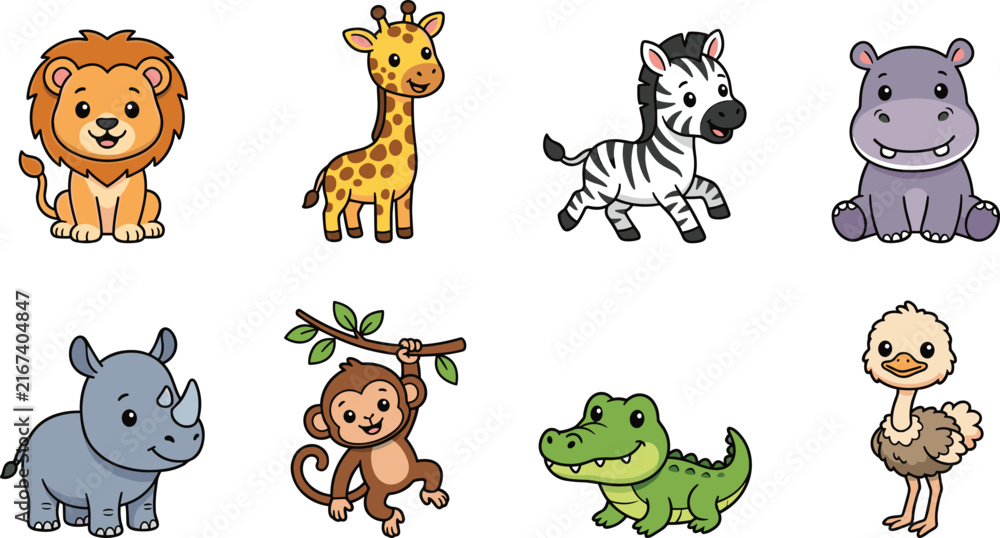 Obraz premium Cute African Safari Animals Character Set for Children Education Nursery Wall Art and Kids Book Illustration