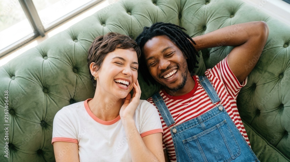 Obraz premium Couple lying together on a tufted green sofa, enjoying a relaxed and laughing moment.