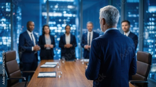 Diverse board members discussing ethical policies, transparency initiatives, and anti-corruption measures during a governance meeting in a sleek conference room.