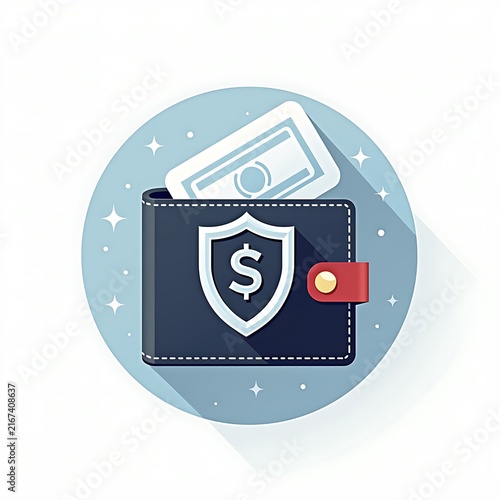 Wallet with shield dollar icon and paper money on round background