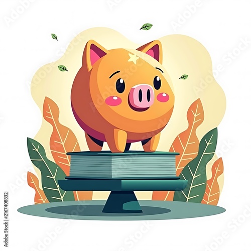 Piggy bank on book stack with Latin text and scroll illustration
