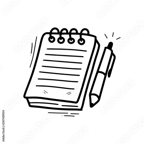 Hand drawn notebook and pen illustration with blank lines, isolated on white background for writing, education, study, and office concepts.