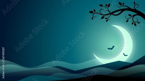 Spooky night landscape background with glowing crescent moon, flying bats, and tree branch in teal tone