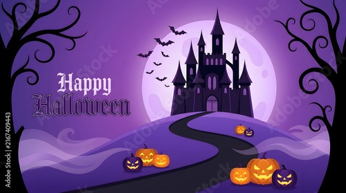Happy Halloween purple banner with spooky castle, full moon, flying bats, and jack o lantern pumpkins