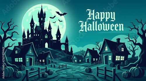 Happy Halloween spooky village and castle banner with full moon, bats, and pumpkins in teal tone
