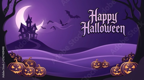 Happy Halloween purple banner with haunted house, crescent moon, flying bats, and jack o lantern pumpkins