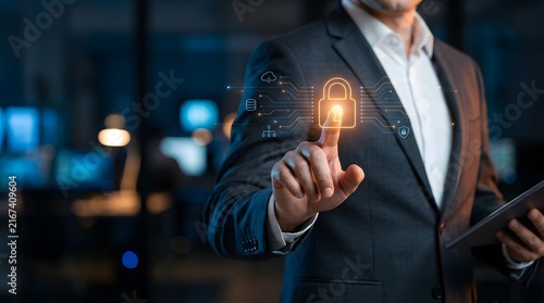 Businessman touching glowing digital padlock icon for cyber security and data protection concept