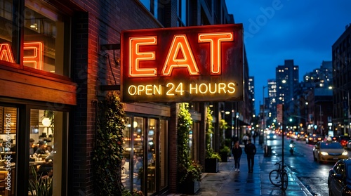Neon sign EAT open 24 hours glowing outside restaurant on city street at night