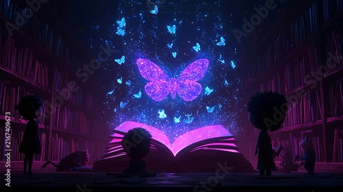 Obraz na płótnie Children reading book with butterfly.