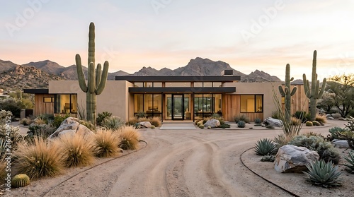 Modern luxury desert house with tall cactus plants and mountain views at sunset in arizona landscape. arizona modern homes