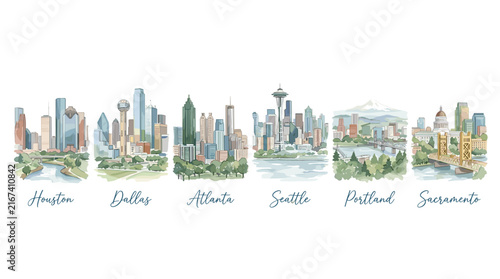 Major American City Watercolor Skylines Featuring Houston Dallas Atlanta Seattle Portland and Sacramento Urban Architecture