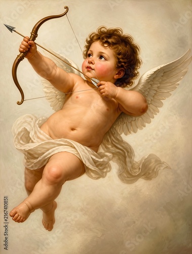Vintage Cupid cherub drawing bow and arrow in sky - Classical Renaissance style art - Vertical portrait
