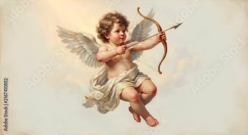 Vintage Cupid cherub holding bow and arrow in sky - Classical Renaissance style art - Horizontal banner