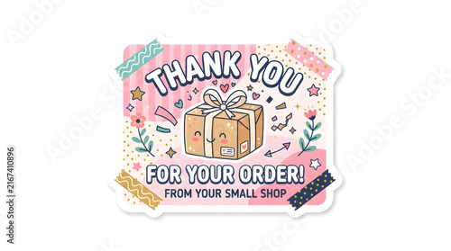 Cute Thank You for Your Order Sticker Design with Cartoon Gift Box for Small Business Packaging