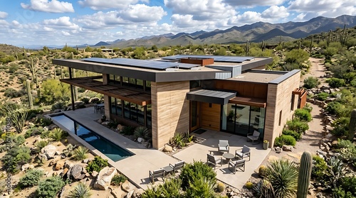 Modern luxury desert home architecture with a swimming pool and patio in the sunny arizona landscape area. arizona modern homes