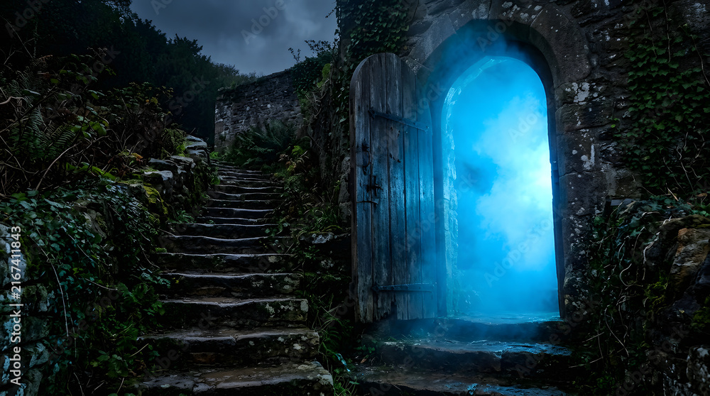 Obraz premium Glowing blue stone archway entrance at night ruins.