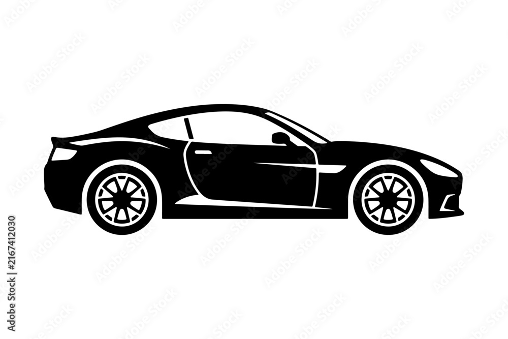Fototapeta premium Minimalist Black Silhouette of a Sleek Sports Car Vector Illustration Isolated on White Background for Automotive Design Projects