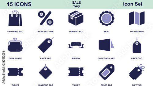 A collection of fifteen flat representing shopping, retail, and commerce on white background