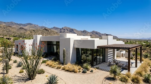 Modern luxury house with flat roof and patio located in the sunny desert mountains of arizona landscape. arizona modern homes