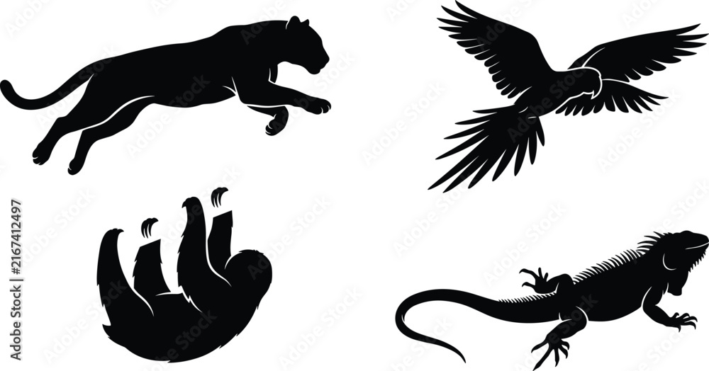 Naklejka premium Tropical rainforest wildlife vector silhouette set featuring leaping panther, flying macaw parrot, hanging sloth, and iguana.