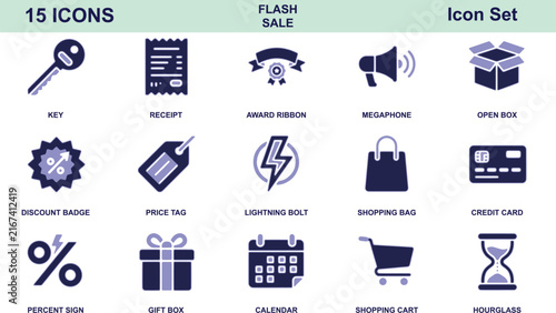 Fifteen flash sale including key, receipt, ribbon, megaphone, open box, and credit card shopping