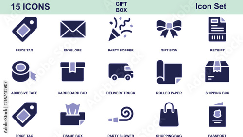 Fifteen gift box and shipping featuring price tag, envelope, party popper, and delivery truck