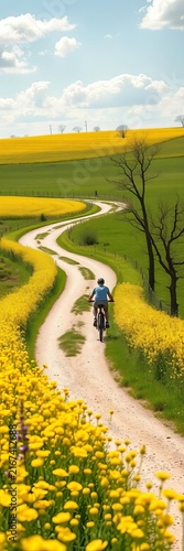 Riding along a winding path through blooming rapeseed fields on a sunny spring day, sunshine, road