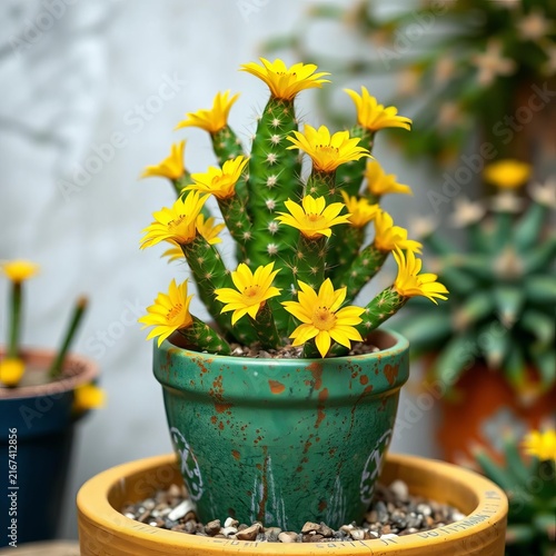 Vibrant potted cactus blooming yellow flowers desert plant vector, outdoor, still life