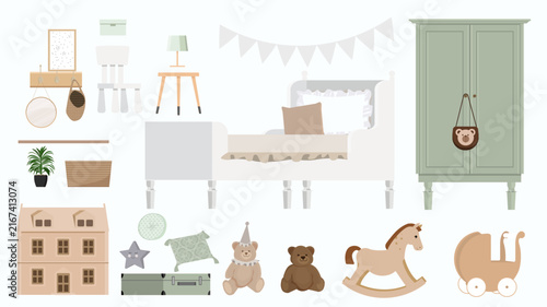 Cute boho nursery interior furniture and toys element set clipart
