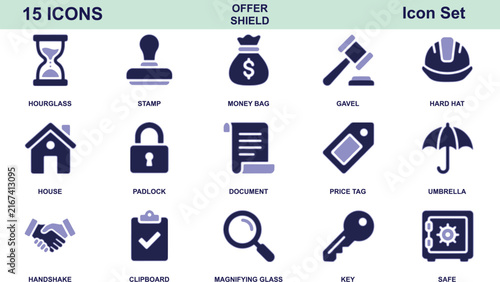 Set of fifteen business and security featuring hourglass, gavel, padlock, and house on white background